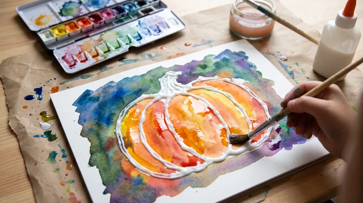 Glue and Watercolor Resist Pumpkin